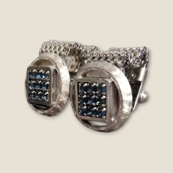 Vintage Silver Cuff Links & Tie Tack Set With Blue Rhinestones - Picture 3 of 6